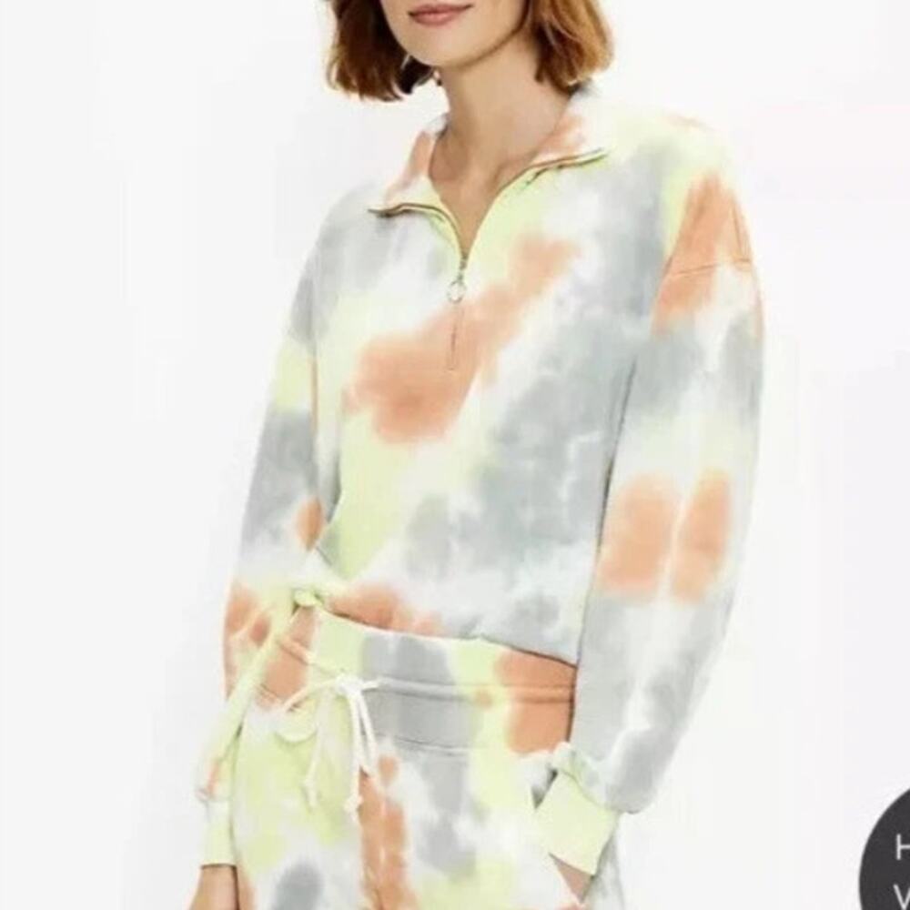 Lou & Grey Women's Quarter Zip Tie Dye Cotton Terry Sweater Size L Multicolor